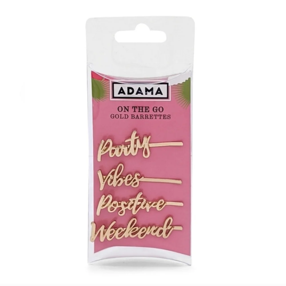 Adama BNIB Gold Script Word Barrettes - Party Vibes Positive Weekend